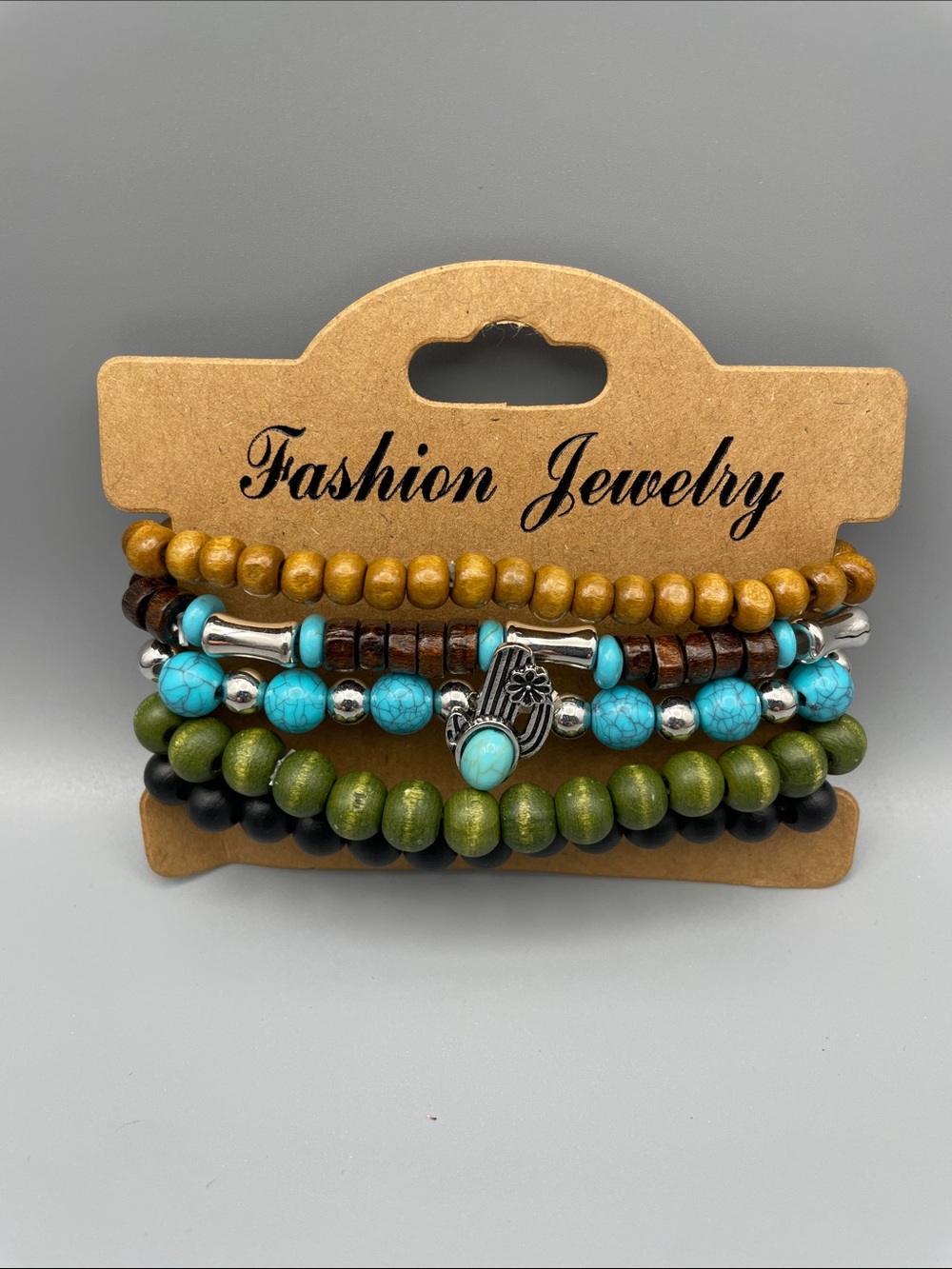 Boho Multi-Strand Beaded Bracelet Set — Turquoise, Olive & Wood